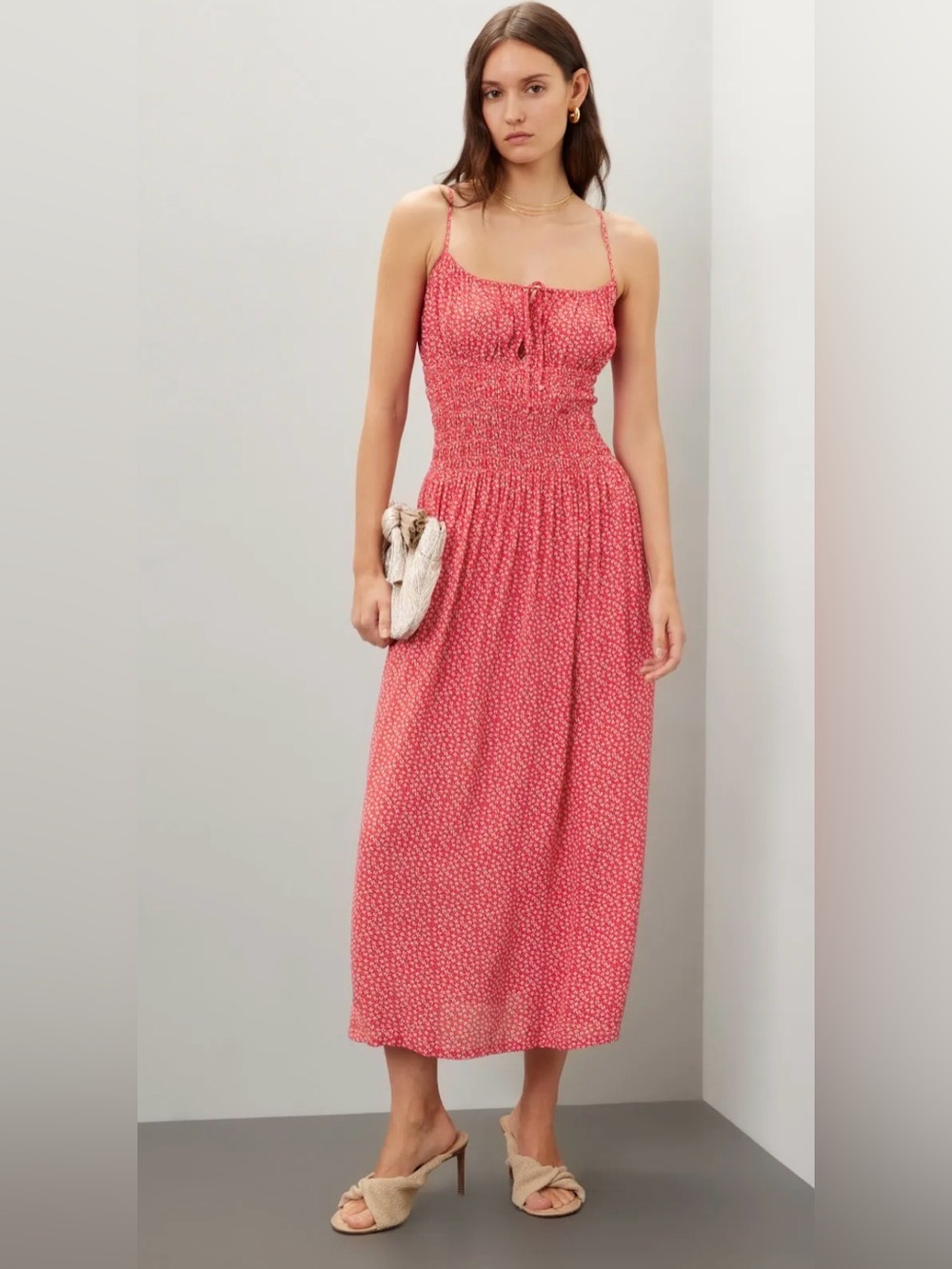 Ciao Lucia Barbara Dress Smocked Red Floral Midi Dress with Tie Front